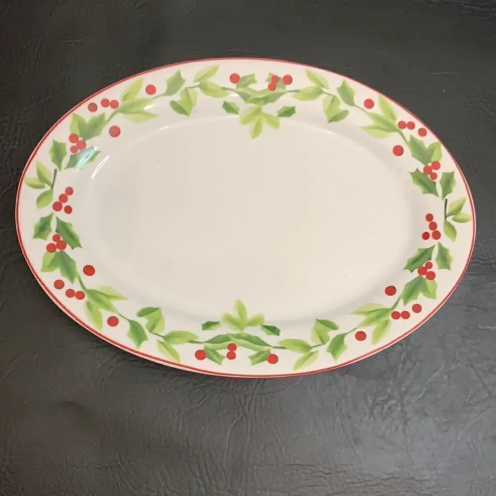 Christmas Holiday Party Red Green Holly Berries Serving Platter Heavy Durable